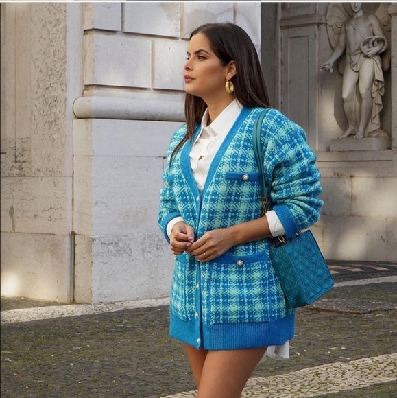 Zara * Plaid Knit Long Cardigan Jacket Blue - Picture 2 of 14